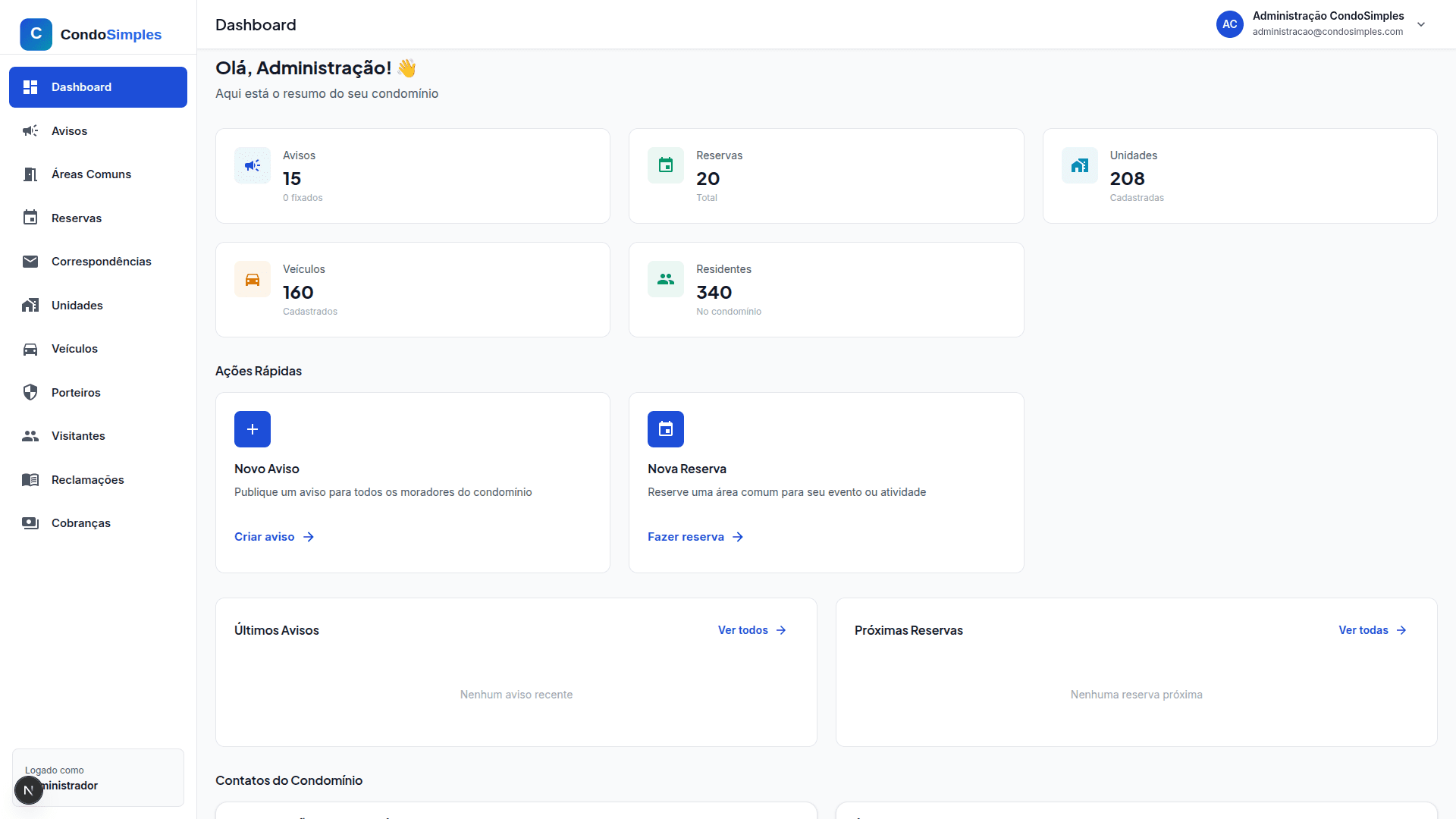 Preview do Dashboard CondoSimples - Versão Desktop